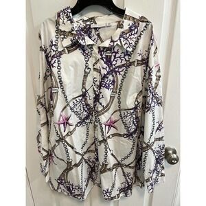 Susan Graver 18W Womens Blouse Ivory Nautical Theme Pink Purple Preowned​
